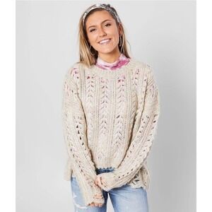 BKE Cable Knit Distressed Pullover Sweater,Women M Cream Pastel Chunky Oversized